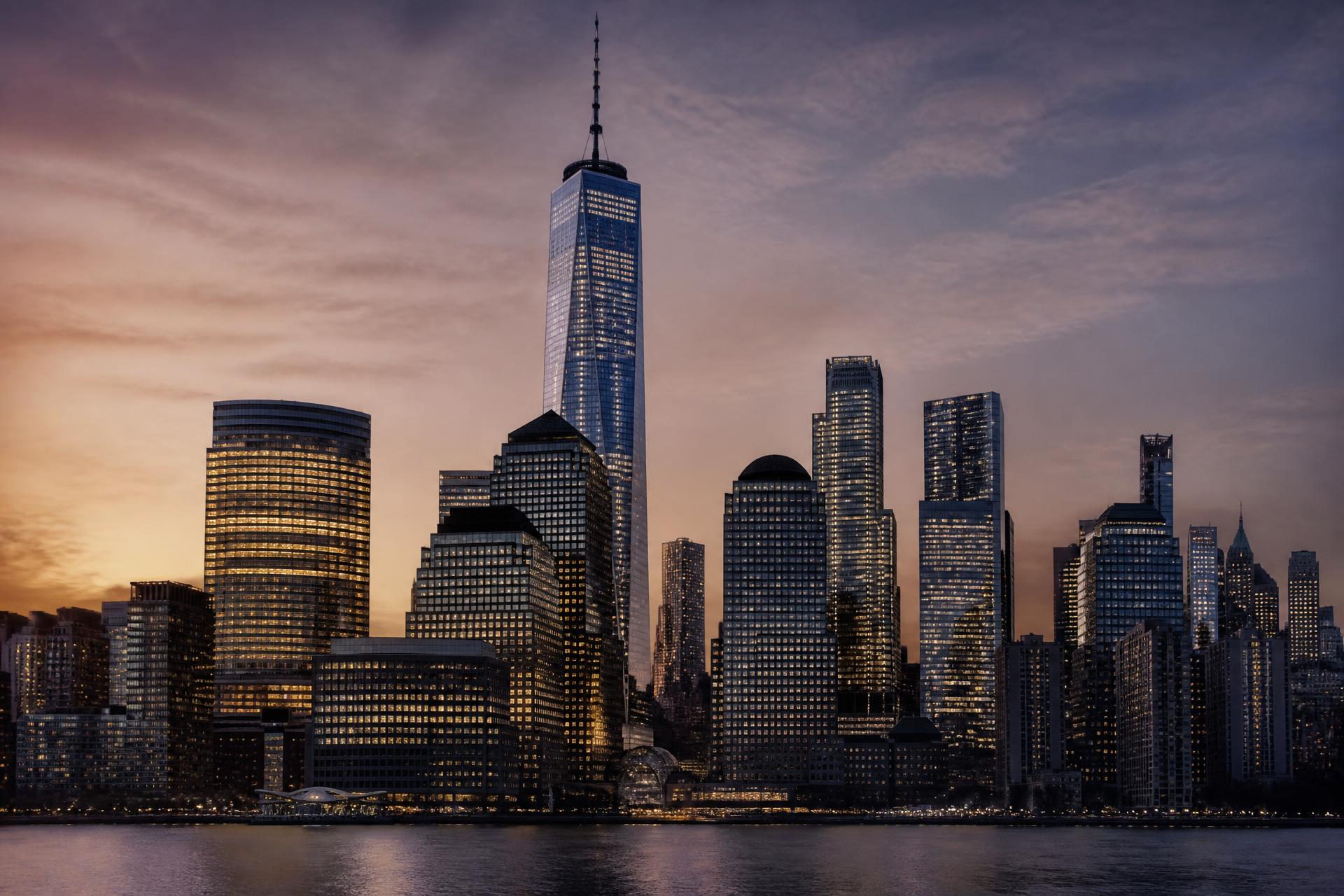 Manhattan skyline and Lower Manhattan office towers at dusk